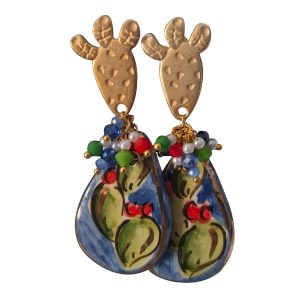 Pendientes en forma de cactus, en cerámica fina, con Esmalte Oro 24k, Cierre de Titanio hipoalergénico