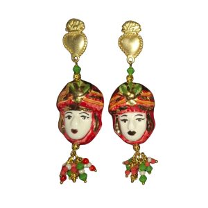 Pendientes Testa di Moro corazón, en cerámica fina, con Esmalte Oro 24k, Cierre de Titanio